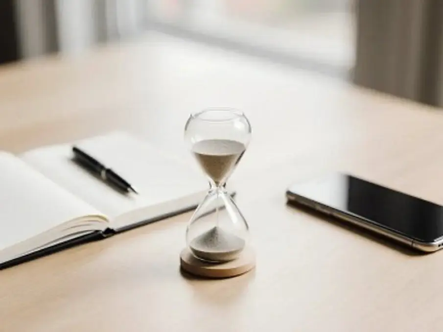 Hourglass on a desk beside a notebook and phone representing deadlines to complete drug diversion